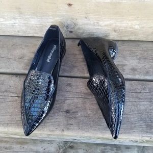 Jeffrey Campbell Viona Black Patent Leather Croc Embossed Pointed Toe Loafer 7